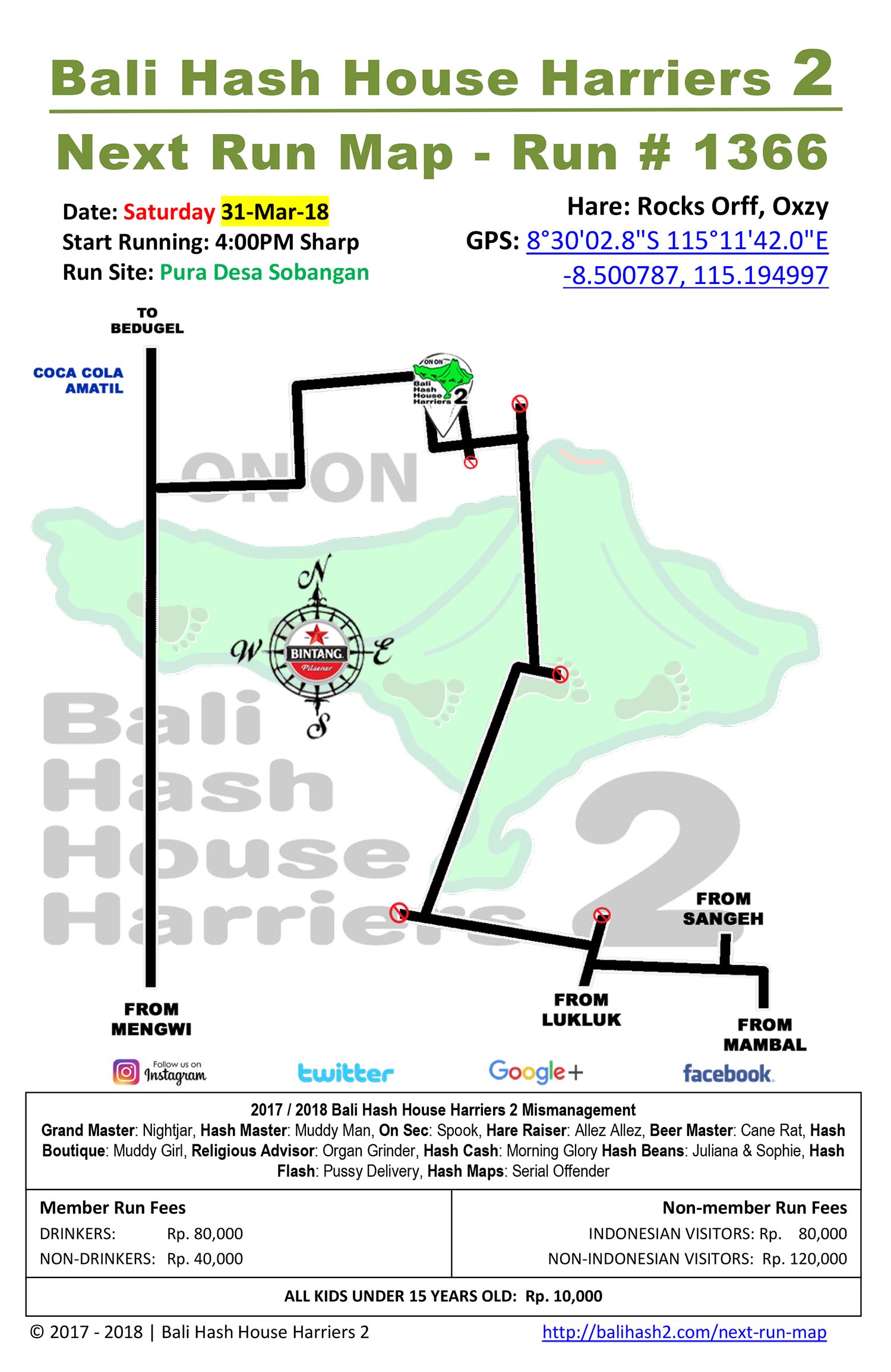 BHHH2 Next Run Map #1366 Pura Desa Sobangan Saturday 31-Mar-18