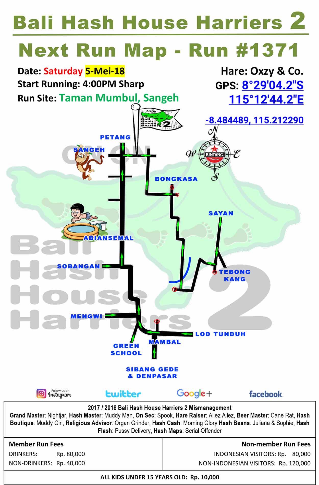 Bali Hash House Harriers 2 BHHH2 Next Run Map #1371 Taman Mumbul Sangeh 5-Mei-18