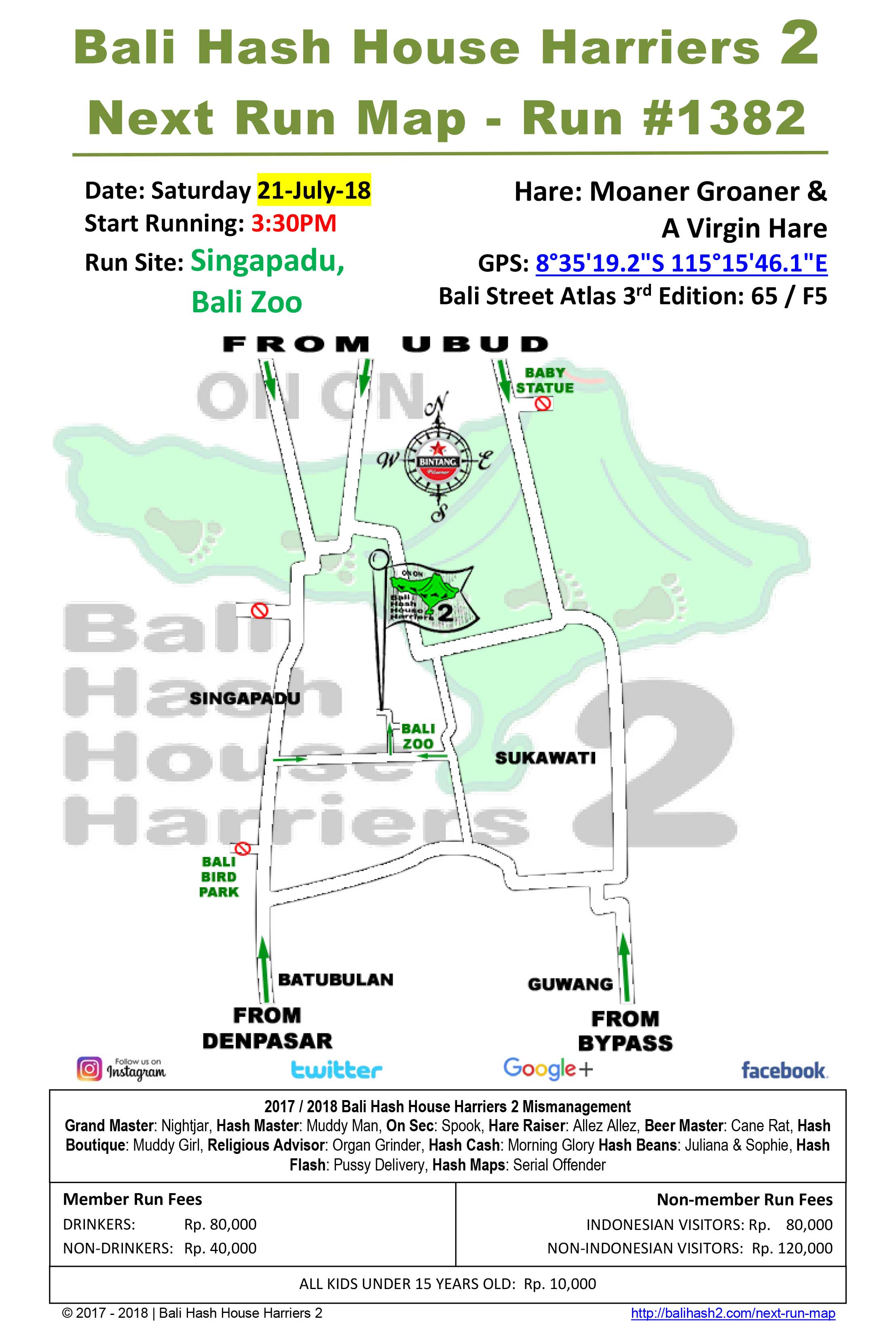 Bali Hash House Harriers 2 Next Run Map #1382 Singapadu Bali Zoo 21-Jul-18