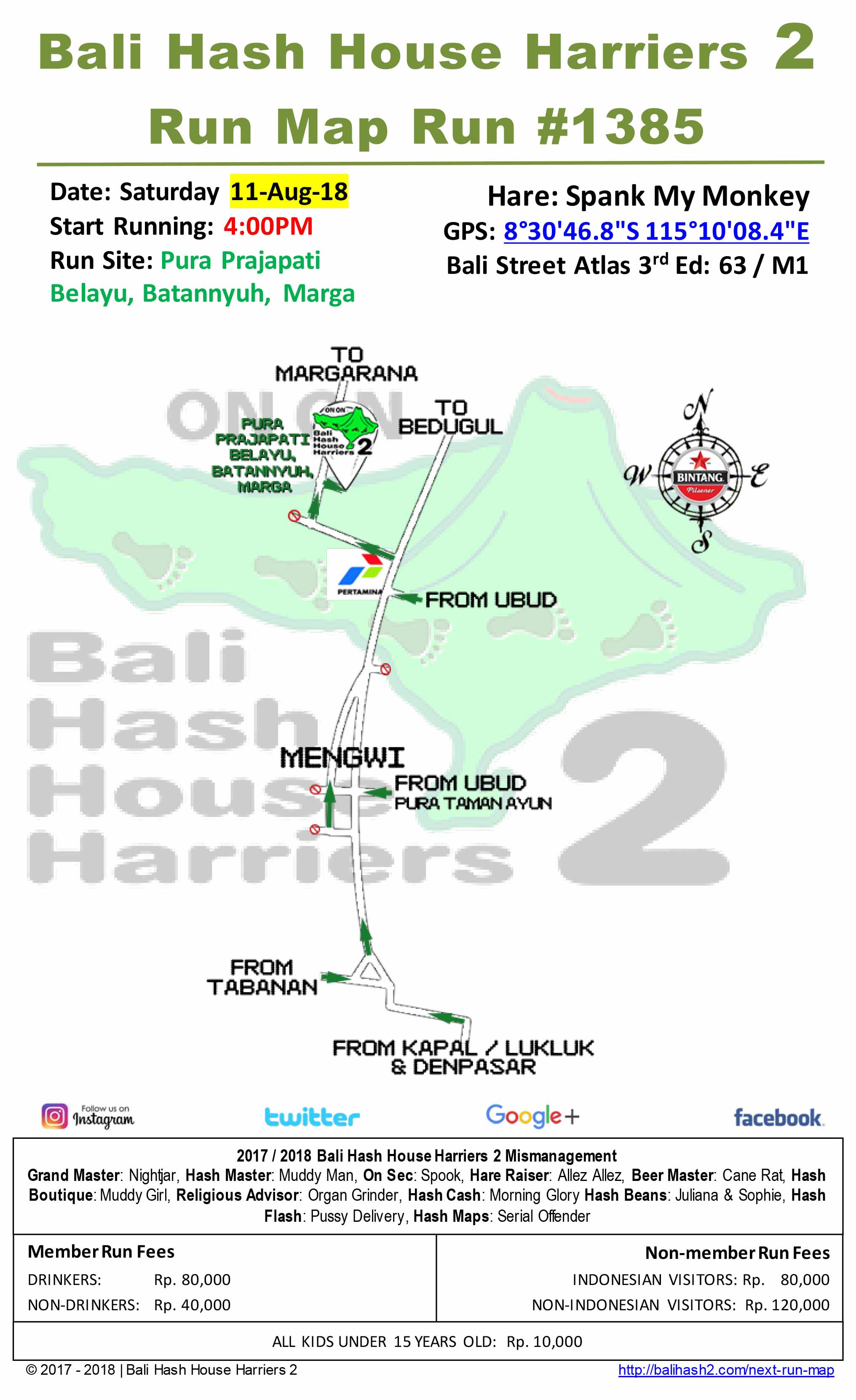 Bali Hash House Harriers 2 Run Map Run #1385 Pura Prajapati Belayu Batannyuh 11-Aug-18