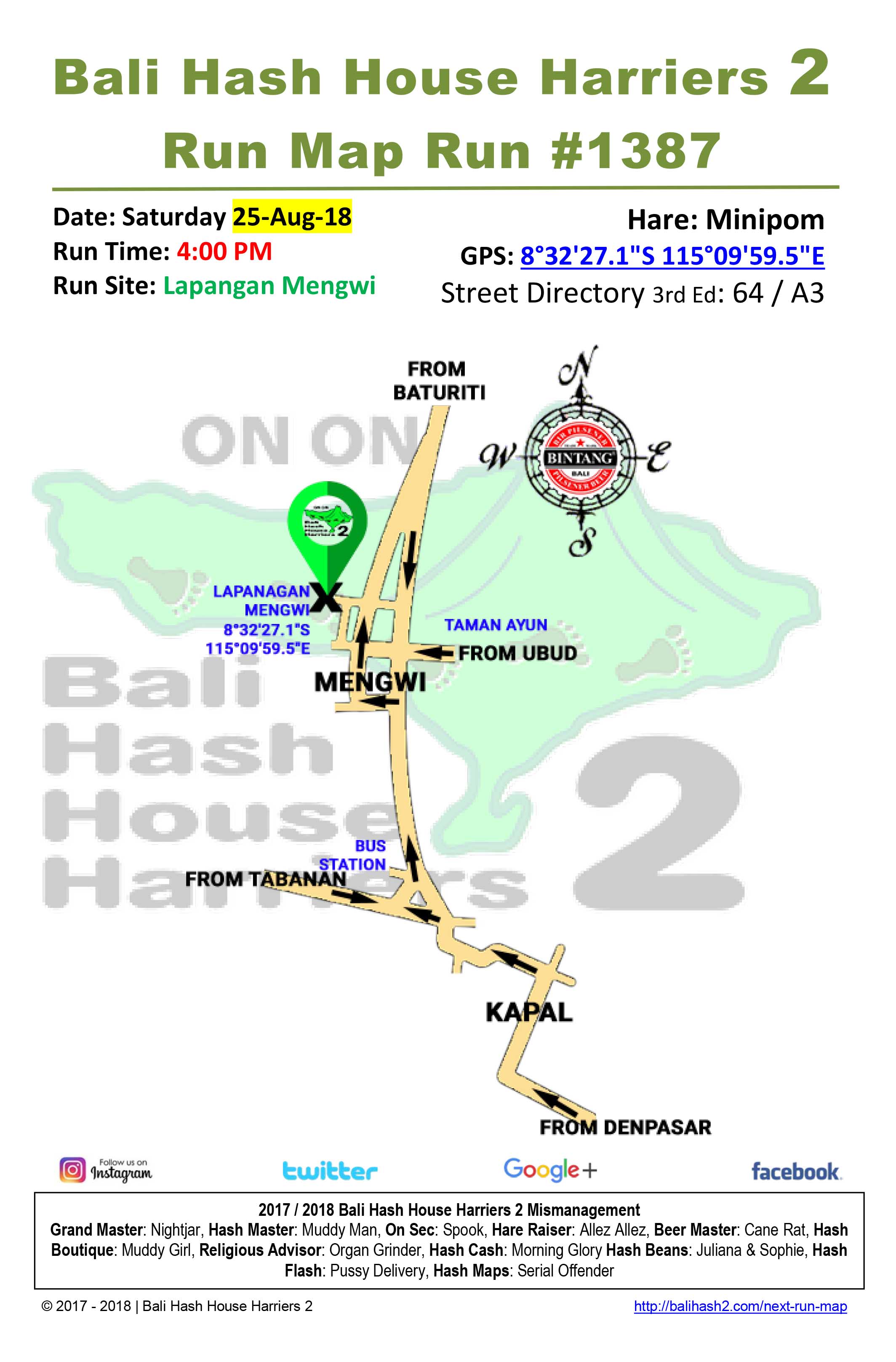 Bali Hash House Harriers 2 Run Map Run #1387 Lapangan Mengwi 25-Aug-18