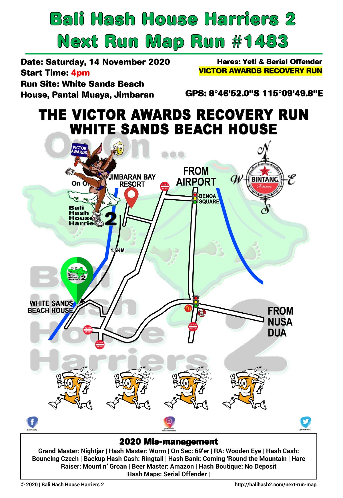 Bali Hash 2 Next Run Map #1483 Victor Awards Recovery Run White Sands Jimbaran